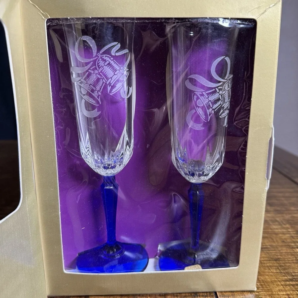 Vtg NOS Rawcliffe Bride & Groom Champagne Flutes Cobalt Blue Stems Wedding Bells